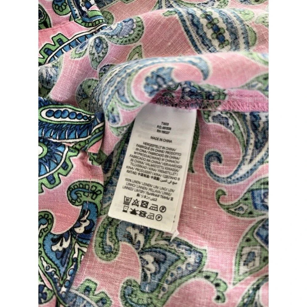 Boden Ada Linen Top Rose Damask Sz8 Pink Green Paisley Smocked Puff Sleeve Boho